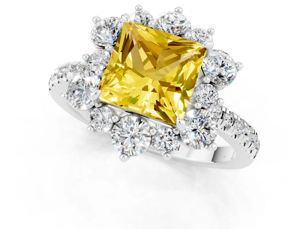 White gold Princess Cut Yellow Sapphire Floral Halo Ring with Round Pavé Band and Prong Setting