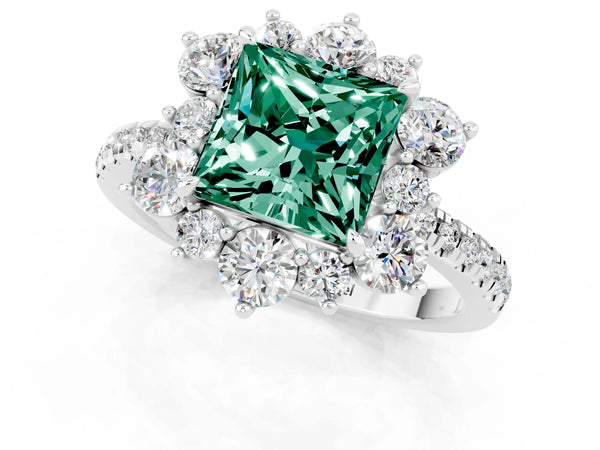 Platinum Princess Cut Green Sapphire Floral Halo Ring with Round Pavé Band and Prong Setting