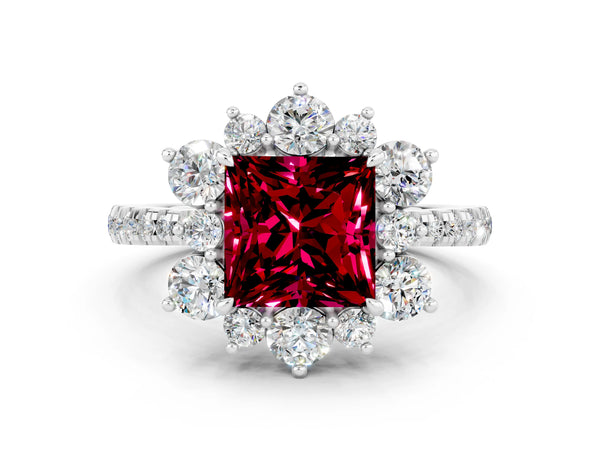 Silver Princess Cut Garnet Floral Halo Ring with Round Pavé Band and Prong Setting