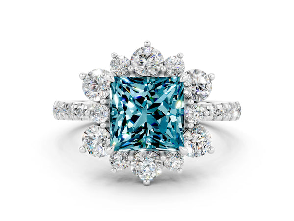 Platinum Princess Cut Cut Diamond Floral Halo Pave Band with Prong Setting