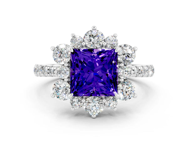 White gold Princess Cut Tanzanite Floral Halo Ring with Round Pavé Band and Prong Setting