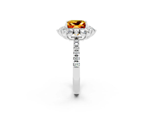 Silver Princess Cut Citrine Floral Halo Ring with Round Pavé Band and Prong Setting