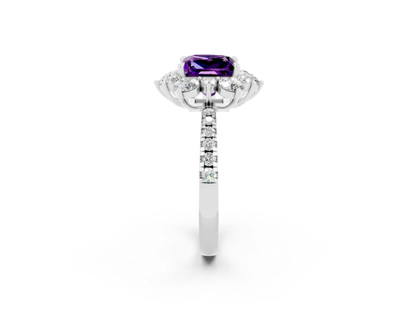 White gold Princess Cut Amethyst Floral Halo Ring with Round Pavé Band and Prong Setting