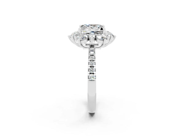 Silver Princess Cut Moissanite Floral Halo Ring with Round Pavé Band and Prong Setting