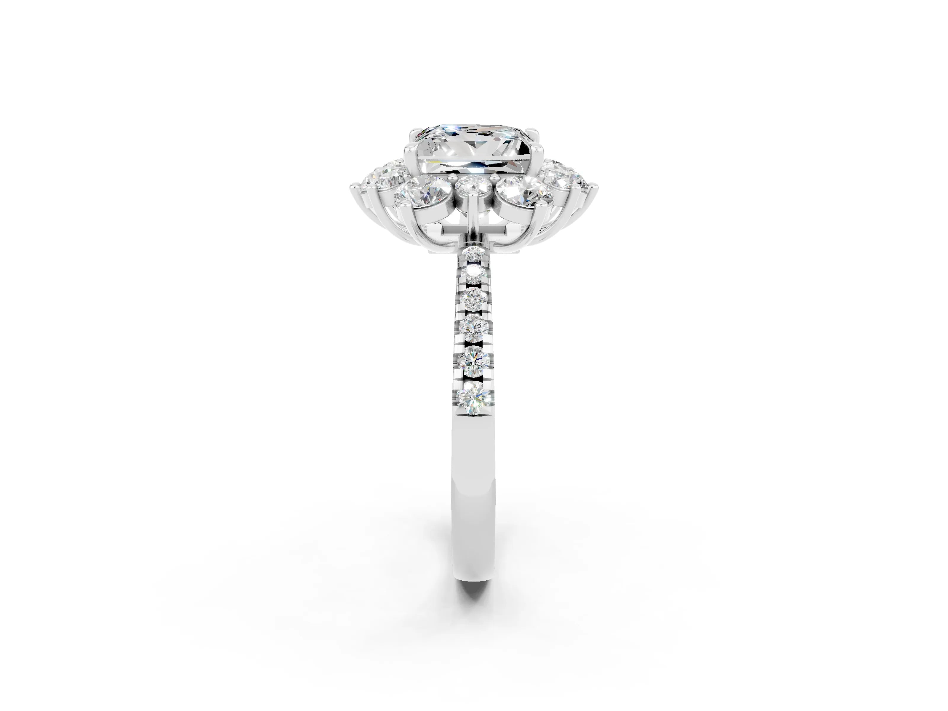 White gold Princess Cut Cut Diamond Floral Halo Pave Band with Prong Setting_2