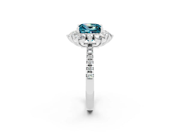 Silver Princess Cut Cut Diamond Floral Halo Pave Band with Prong Setting