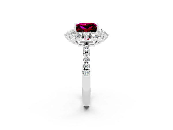 Silver Princess Cut Garnet Floral Halo Ring with Round Pavé Band and Prong Setting