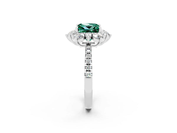 Silver Princess Cut Green Sapphire Floral Halo Ring with Round Pavé Band and Prong Setting