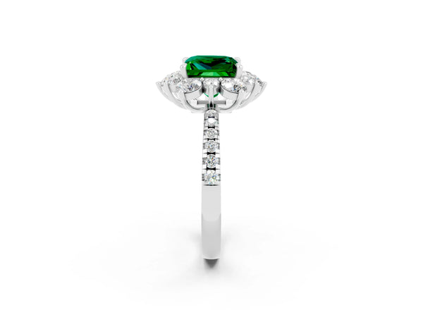 Platinum Princess Cut Emerald Floral Halo Ring with Round Pavé Band and Prong Setting