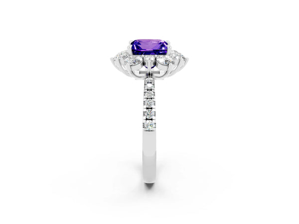White gold Princess Cut Tanzanite Floral Halo Ring with Round Pavé Band and Prong Setting