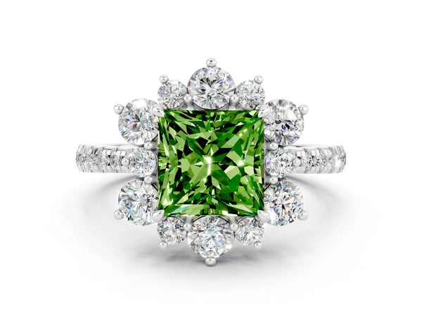 White gold Princess Cut Cut Diamond Floral Halo Pave Band with Prong Setting