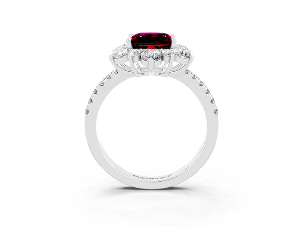 Silver Princess Cut Garnet Floral Halo Ring with Round Pavé Band and Prong Setting