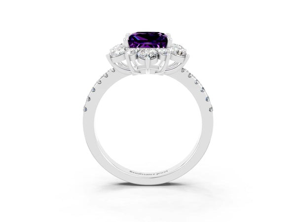 Silver Princess Cut Amethyst Floral Halo Ring with Round Pavé Band and Prong Setting