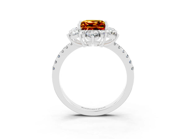 White gold Princess Cut Citrine Floral Halo Ring with Round Pavé Band and Prong Setting