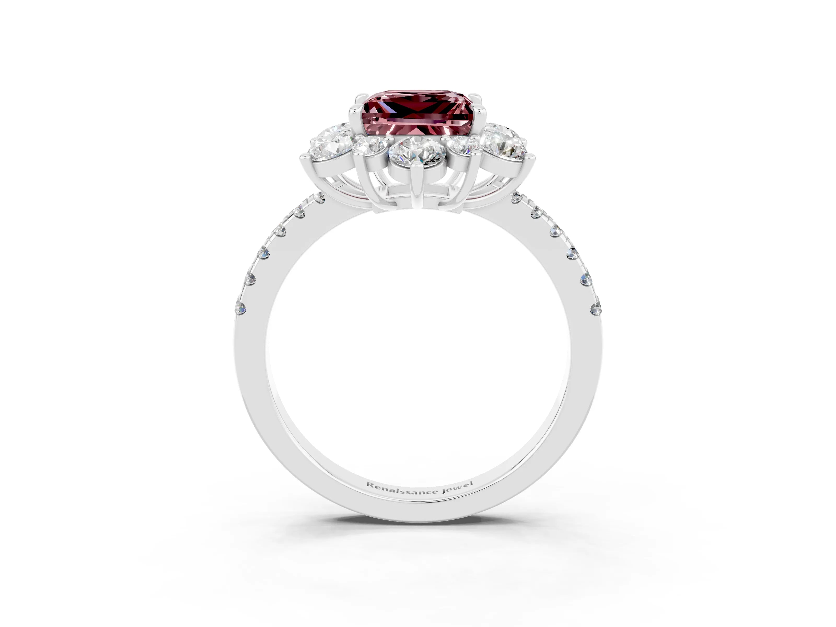 White gold Princess Cut Cut Diamond Floral Halo Pave Band with Prong Setting_3