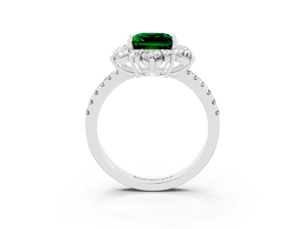 White gold Princess Cut Emerald Floral Halo Ring with Round Pavé Band and Prong Setting