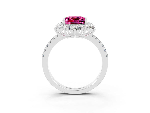 Platinum Princess Cut Cut Diamond Floral Halo Pave Band with Prong Setting