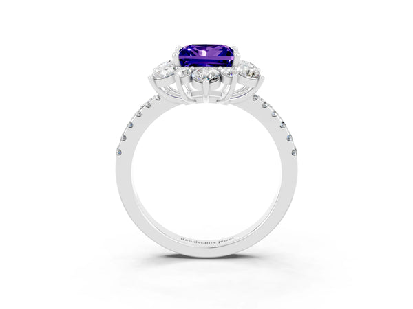 White gold Princess Cut Tanzanite Floral Halo Ring with Round Pavé Band and Prong Setting