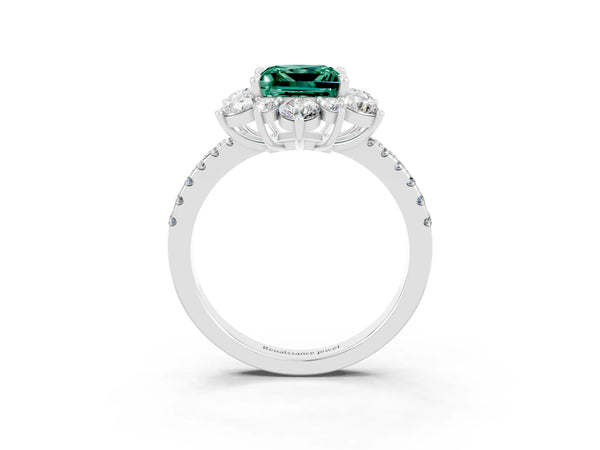 Silver Princess Cut Green Sapphire Floral Halo Ring with Round Pavé Band and Prong Setting