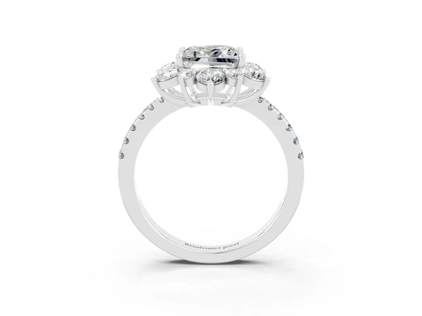 Silver Princess Cut Moissanite Floral Halo Ring with Round Pavé Band and Prong Setting