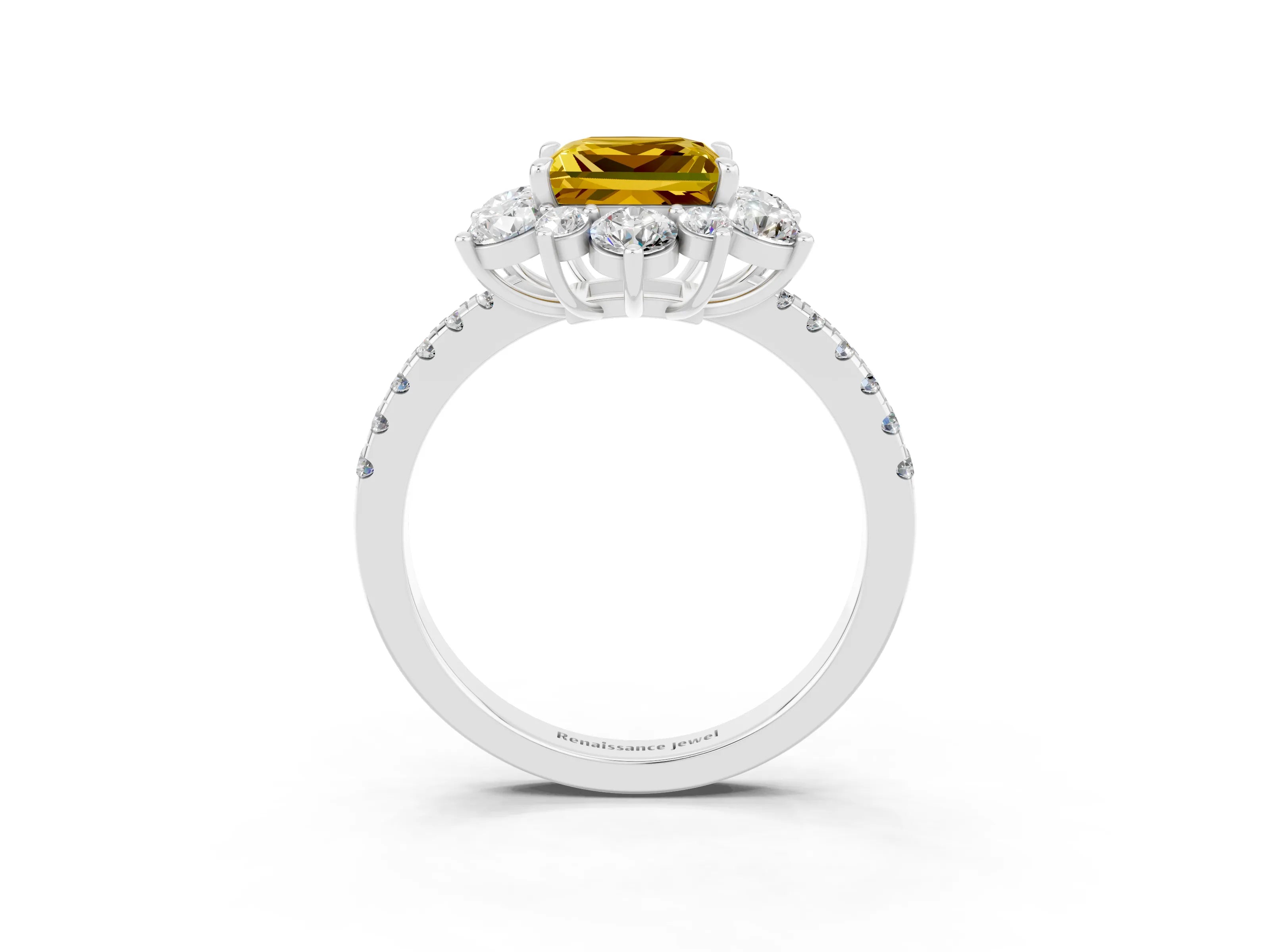 White gold Princess Cut Cut Diamond Floral Halo Pave Band with Prong Setting_3