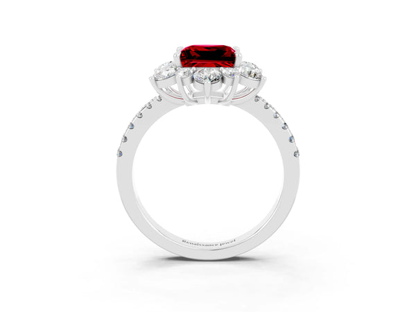 Platinum Princess Cut Ruby Floral Halo Ring with Round Pavé Band and Prong Setting