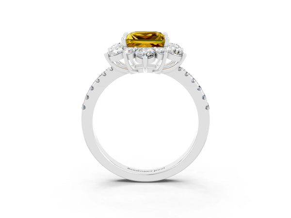 Silver Princess Cut Yellow Sapphire Floral Halo Ring with Round Pavé Band and Prong Setting