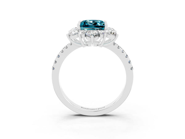 Silver Princess Cut Cut Diamond Floral Halo Pave Band with Prong Setting