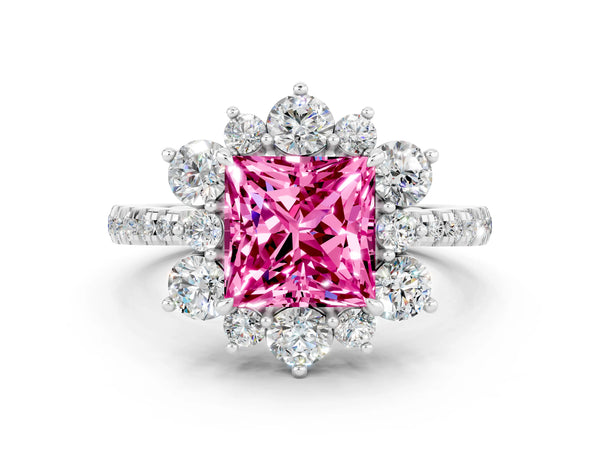 Platinum Princess Cut Cut Diamond Floral Halo Pave Band with Prong Setting