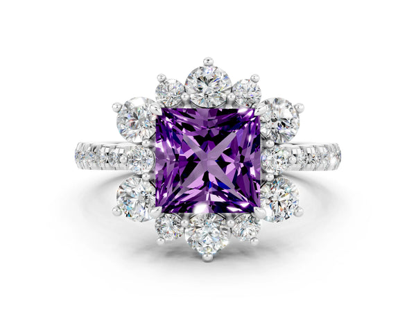 White gold Princess Cut Amethyst Floral Halo Ring with Round Pavé Band and Prong Setting