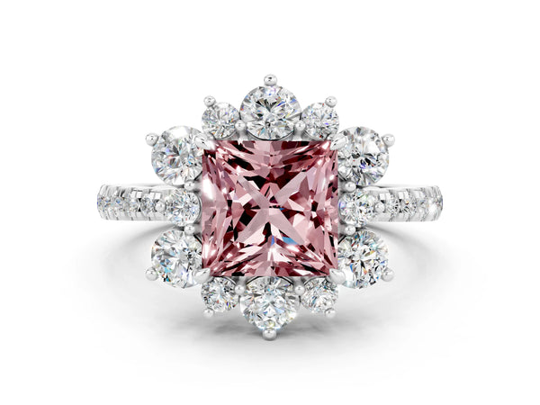 Platinum Princess Cut Cut Diamond Floral Halo Pave Band with Prong Setting