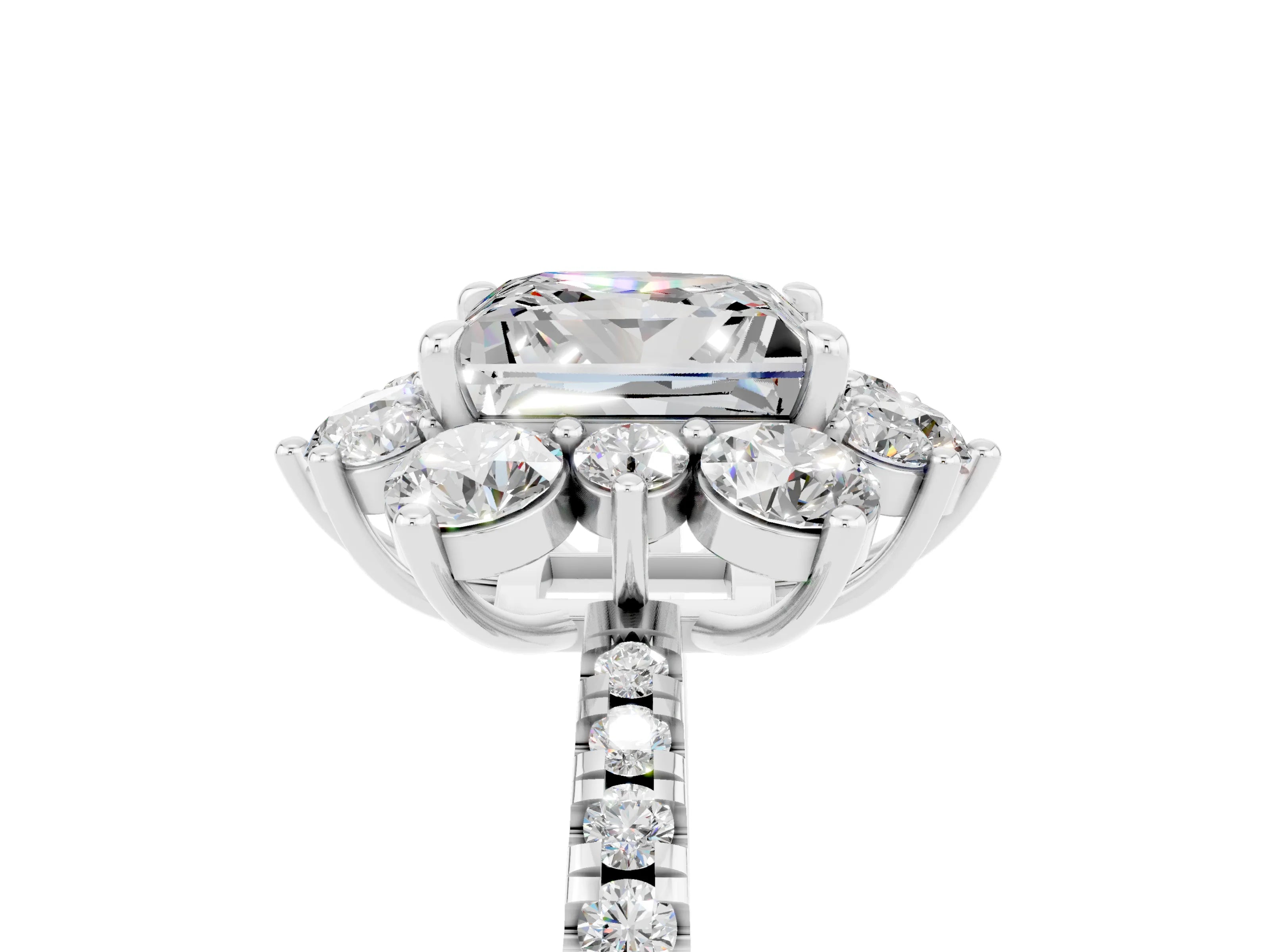 White gold Princess Cut Cut Diamond Floral Halo Pave Band with Prong Setting_5