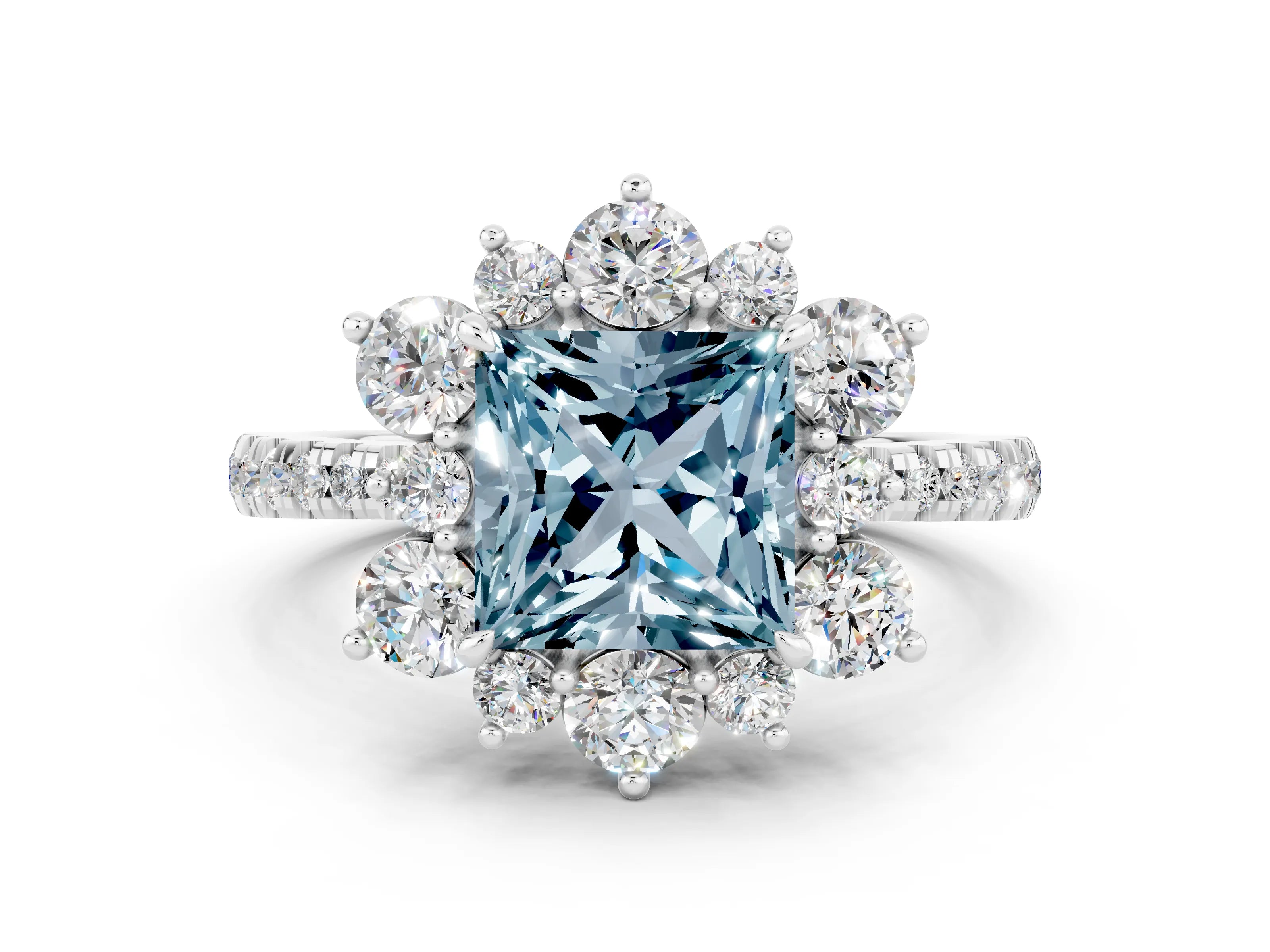 White gold Princess Cut Cut Diamond Floral Halo Pave Band with Prong Setting
