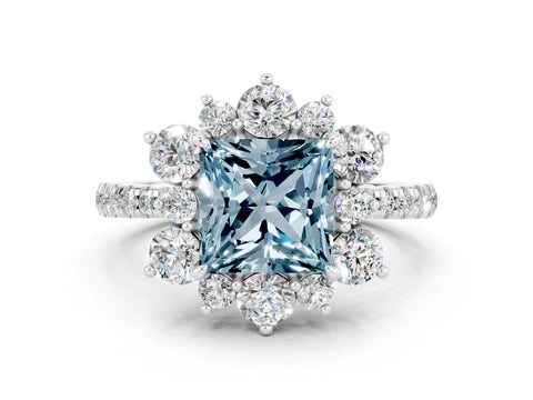 White gold Princess Cut Cut Diamond Floral Halo Pave Band with Prong Setting