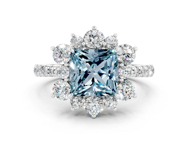 Platinum Princess Cut Cut Diamond Floral Halo Pave Band with Prong Setting