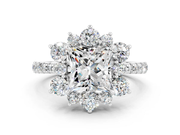 White gold Princess Cut Moissanite Floral Halo Ring with Round Pavé Band and Prong Setting