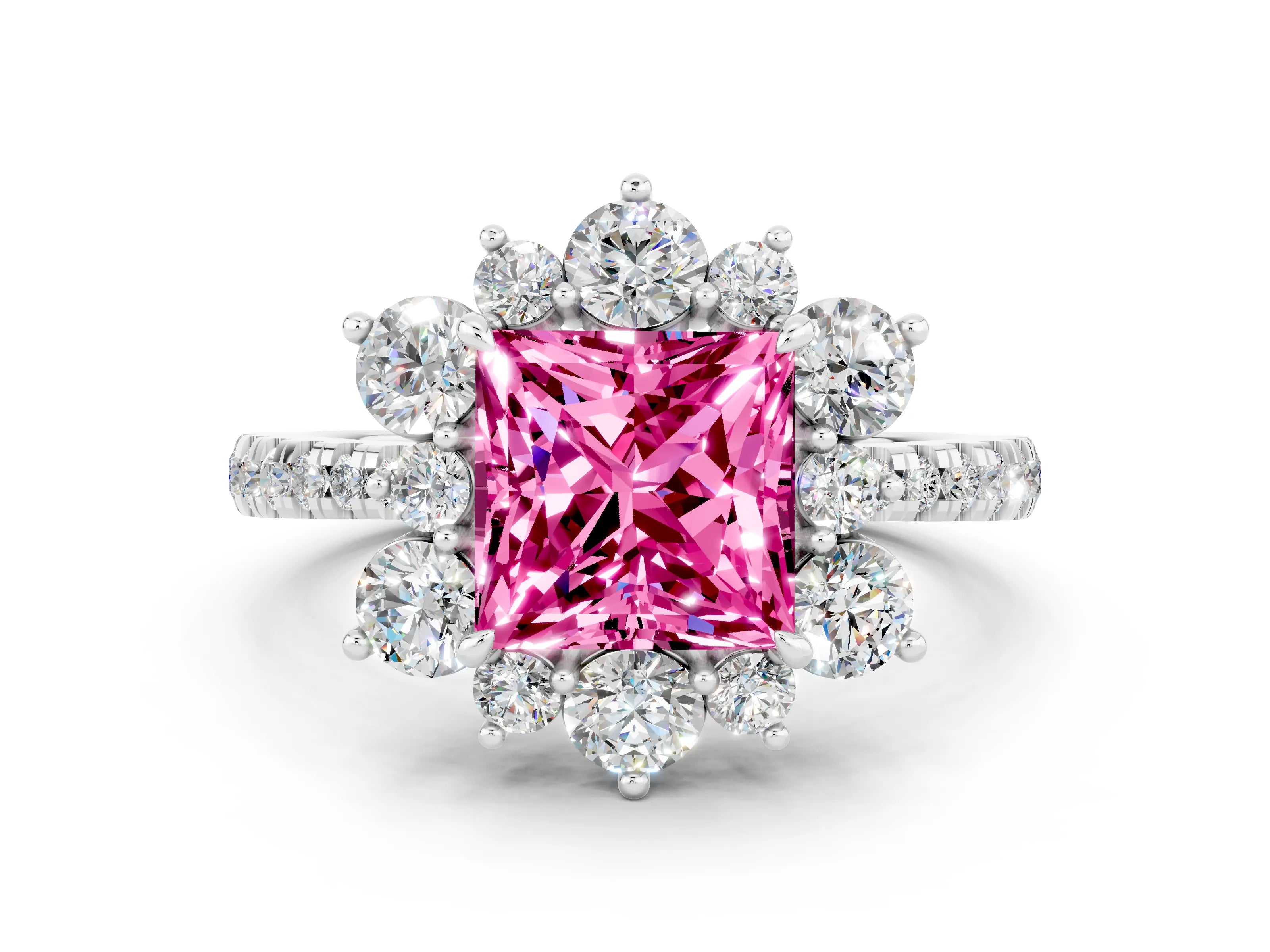 White gold Princess Cut Cut Diamond Floral Halo Pave Band with Prong Setting