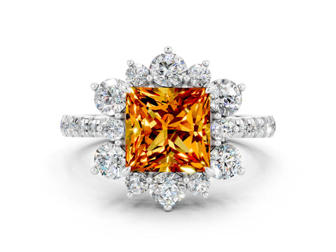 White gold Princess Cut Cut Diamond Floral Halo Pave Band with Prong Setting
