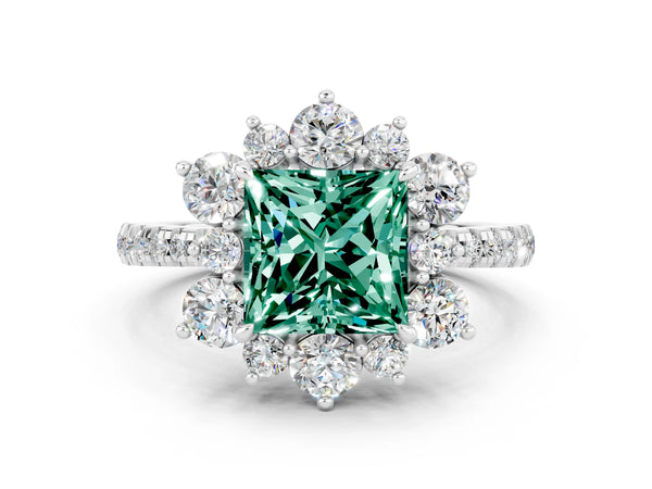 Platinum Princess Cut Green Sapphire Floral Halo Ring with Round Pavé Band and Prong Setting