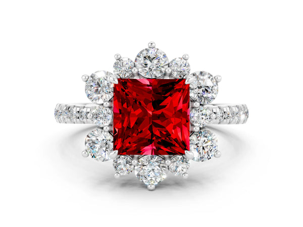 White gold Princess Cut Ruby Floral Halo Ring with Round Pavé Band and Prong Setting