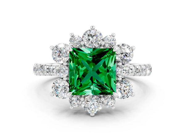 Silver Princess Cut Emerald Floral Halo Ring with Round Pavé Band and Prong Setting