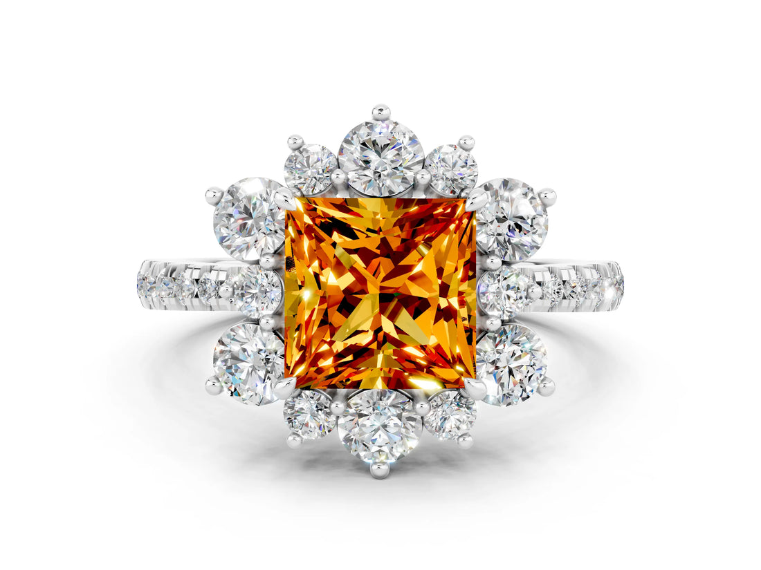 White gold Princess Cut Cut Diamond Floral Halo Pave Band with Prong Setting