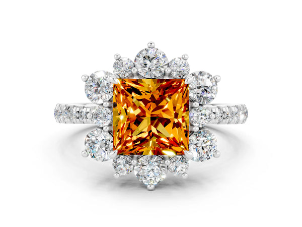Platinum Princess Cut Citrine Floral Halo Ring with Round Pavé Band and Prong Setting