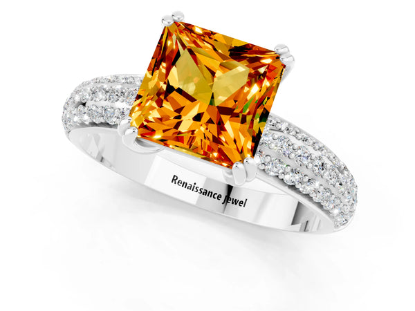 Platinum Princess Cut Citrine Vintage Milgrain Ring with Round  Stations