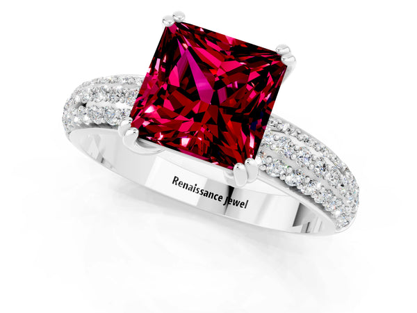 White gold Princess Cut Garnet Vintage Milgrain Ring with Round  Stations