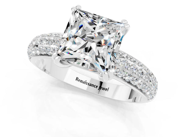 White gold Princess Cut Moissanite Vintage Milgrain Ring with Round  Stations