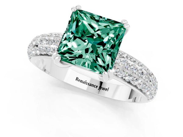 Platinum Princess Cut Green Sapphire Vintage Milgrain Ring with Round  Stations
