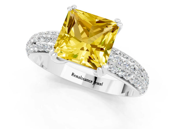 Silver Princess Cut Yellow Sapphire Vintage Milgrain Ring with Round  Stations