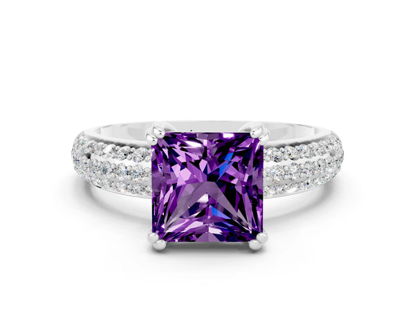 Platinum Princess Cut Amethyst Vintage Milgrain Ring with Round  Stations
