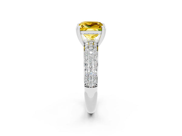 Silver Princess Cut Yellow Sapphire Vintage Milgrain Ring with Round  Stations